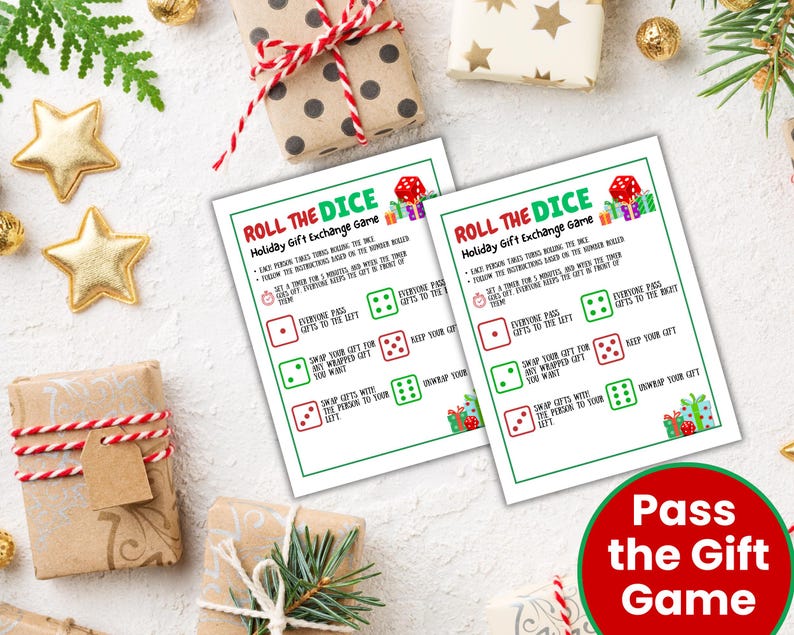 Pass the Gift Game surrounded by Christmas gifts, stars, and evergreen twigs. A fun and easy gift swap game for Holiday parties.