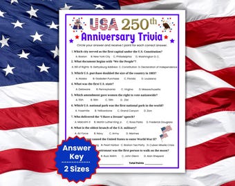 USA 250th Anniversary Trivia Game, America Patriotic Trivia Questions, Printable 4th of July Games, Senior Games, US History Classroom
