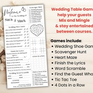 May include: A white wedding game sheet with the text "Welcome to the Wedding of Sara & Mark." Games include Wedding Shoe Game, Scavenger Hunt, Heart Maze, Finish the Lyrics, Word Scramble, Find the Guest Who, Tic Tac Toe, and 4 Dots in a Row.