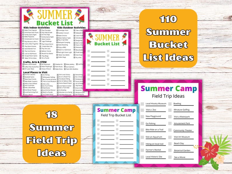 May include: A collection of colorful summer activity lists. Includes a "Summer Bucket List" with indoor and outdoor activities, and "Summer Camp Field Trip Ideas." The image also features a graphic with "110 Summer Bucket List Ideas" and "18 Summer Field Trip Ideas."