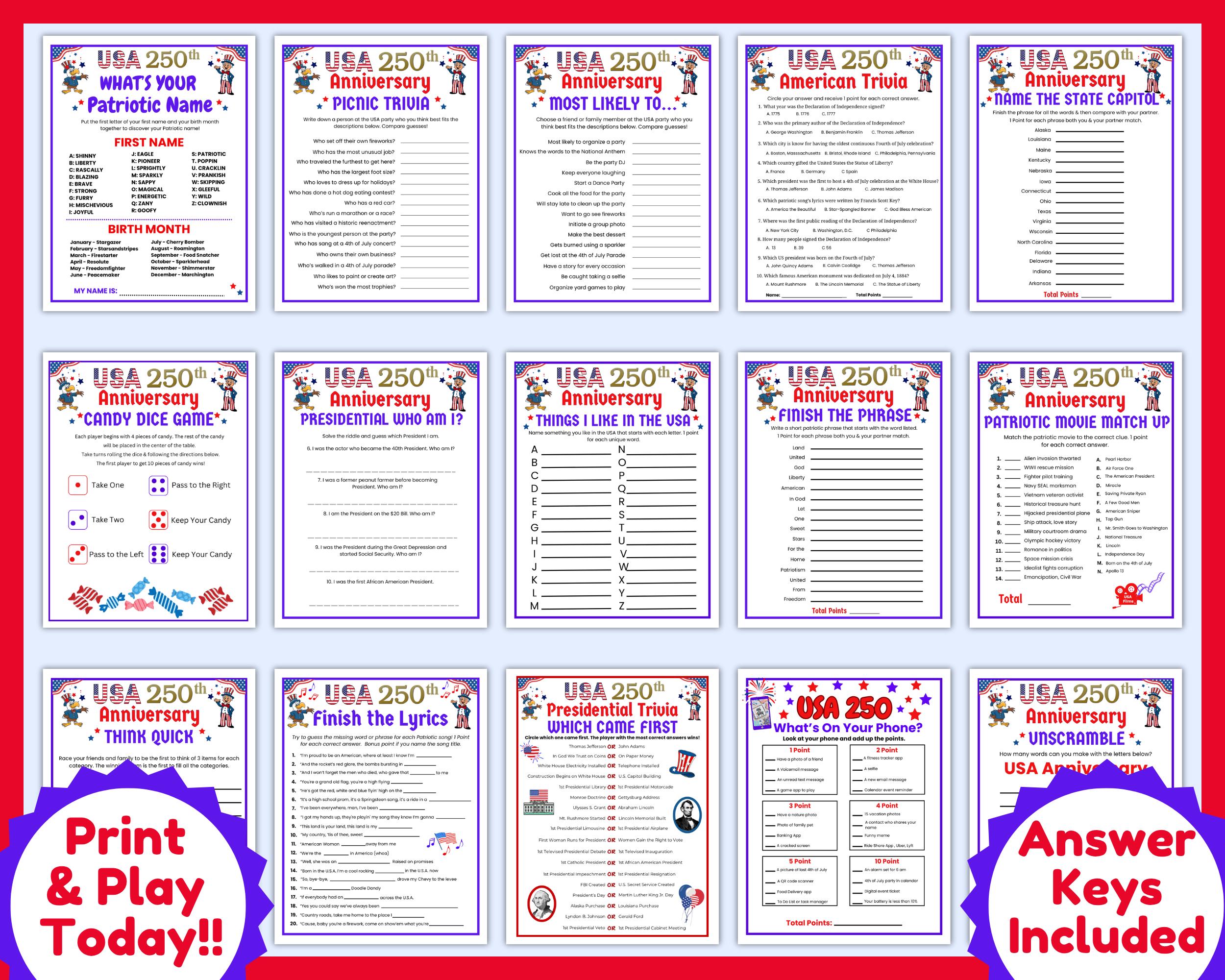 USA 250th Anniversary Game Bundle, America 250 Years, Printable 4th of ...