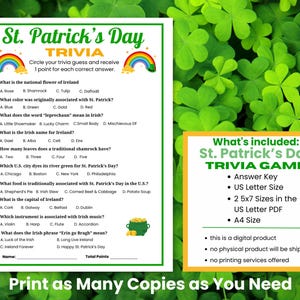 Shamrock background with the St. Patrick's Game. A box with what's included in the Trivia game - An answer key, in 3 sizes US Letter, A4, 2-5x7. This is a digital product & no physical product will be shipped.