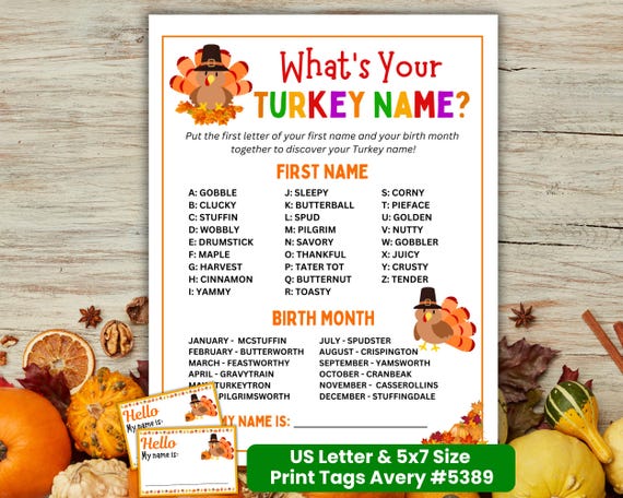 What's Your Turkey Name Game, Printable Thanksgiving Name Generator, Friendsgiving Game, Turkey Name Tags, Funny Family Thanksgiving Game