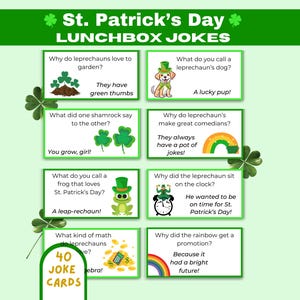 St. Patrick's Day Jokes for Kids, Lunchbox Jokes, Funny Printable Jokes, Kids Joke Cards, Lunchbox Notes, Irish Dad Jokes, Fun Holiday Jokes