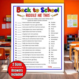 Back to School Riddle Me This Game, Riddles for Kids, First Week of School Activity Ideas, Printable Classroom Games, 1st Day of School Game