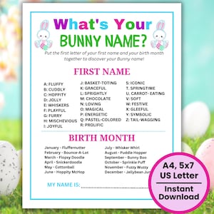 What's Your Bunny Name, Name Generator, Printable Easter Games, Easter Bunny Name Game, Spring Activity, Easter Activity, Family Easter Game