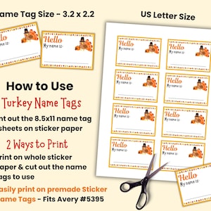 Op de afbeelding: Een vel met bedrukbare kalkoen-naamlabels met de tekst "Hello, My name is:" en een cartoon-kalkoenillustratie. De afbeelding toont ook instructies over het afdrukken van de labels op stickerpapier. De labels zijn 8,1 x 5,6 cm groot.