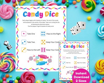 Op de afbeelding: Printbare Candy Dice-spel met kleurrijke dobbelstenen en snoepillustraties. De spelinstructies zijn: Neem er één, Geef door naar rechts, Neem er twee, Houd je snoepje, Geef door naar links, Houd je snoepje. De eerste speler die 10 snoepjes krijgt, wint!