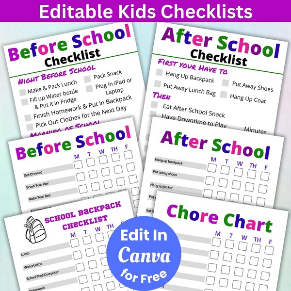 Editable Before and After School Routine Charts, Daily checklists, Kids To Do List, Chore chart, responsibility chart, morning routine