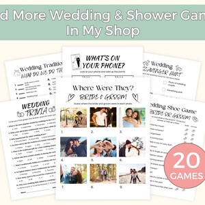 May include: A collection of wedding and shower games printed on white paper. The games include trivia, scavenger hunts, and photo challenges. The image also includes the text "Find More Wedding & Shower Games In My Shop."