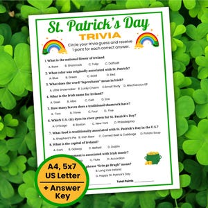 St. Patrick's Day Trivia Game, Fun St. Paddy's Day Trivia Questions, Irish Games, Classroom Trivia, Office party, Teens, Games for Seniors
