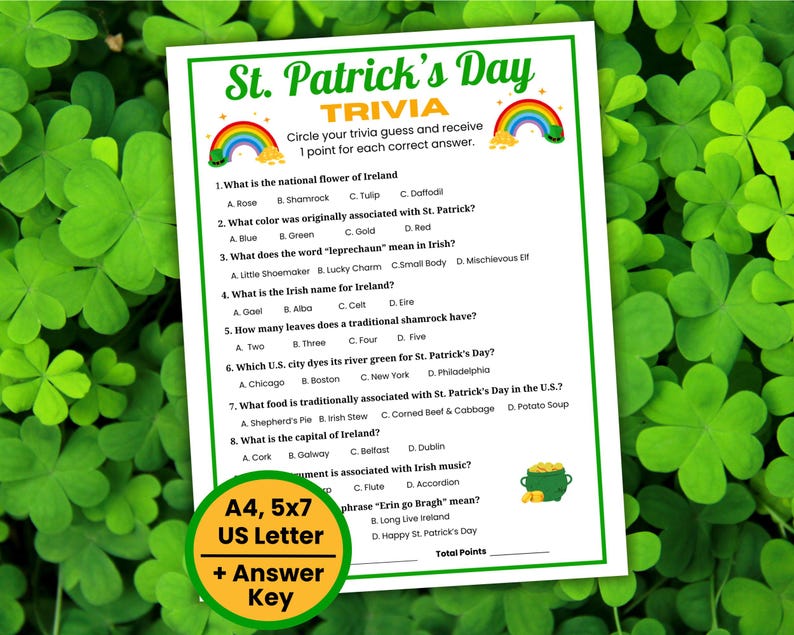 St. Patrick's Day Trivia Game, Fun St. Paddy's Day Trivia Questions, Irish Games, Classroom Trivia, Office party, Teens, Games for Seniors image 1
