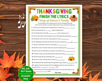 Thanksgiving Finish the Lyrics Trivia Game, Printable Thanksgiving Trivia Quiz, Fun Thanksgiving Games for Family, Adult Friendsgiving Games