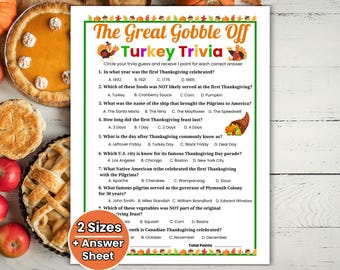 May include: A printed game sheet titled The Great Gobble Off Turkey Trivia with ten Thanksgiving-themed multiple-choice questions, decorated with colorful autumn leaves, acorns, and turkey illustrations, featuring a 2 Sizes + Answer Sheet badge.
