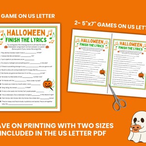 May include: Two Halloween-themed "Finish the Lyrics" game sheets with orange and green accents. The text includes "Halloween Finish the Lyrics" and instructions. A ghost illustration holding a pumpkin is in the lower right corner.