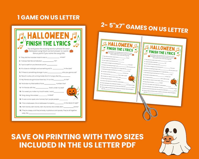 May include: Two Halloween-themed "Finish the Lyrics" game sheets with orange and green accents. The text includes "Halloween Finish the Lyrics" and instructions. A ghost illustration holding a pumpkin is in the lower right corner.