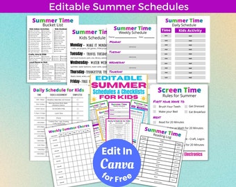 Editable Summer Schedule for Kids, daily kids schedule chart, Editable Printable schedule template, Summer routine chart, kids checklist,