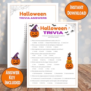 May include: Halloween trivia game with answer key. The game features a pumpkin wearing a witch hat and the text "Halloween Trivia" in purple. Includes questions about Halloween candy, monsters, and traditions.