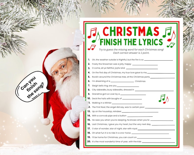 Santa Claus is holding the Christmas Carol game quiz and asking "Can you finish the song?"