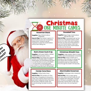 May include: A Christmas-themed game sheet titled "Christmas One Minute Games" with six different game ideas. Santa Claus is holding the sheet. The games include Snowman Stack, Snowball Toss, and Candy Cane Race.