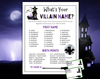 What's Your Villain Name Game, Fun Halloween Name Game, Printable Halloween Game Teens Adults, Name Generator Game, Villain Party Name Tags