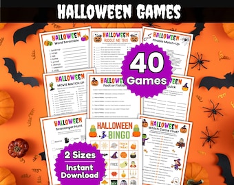 May include: A collection of printable Halloween game sheets including Word Scramble, Riddle Me This, Phobia Match-Up, Movie Match-Up, Fact or Fiction, Scavenger Hunt, Bingo, and Which Came First, featuring 40 games in 2 sizes for instant download.