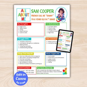 May include: A colorful printable "All About Me" worksheet for a child named Sam Cooper. The document includes sections on strengths, motivations, struggles, and triggers, with a photo of the child. A tablet displays the same document.