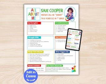 All About Me Autism, ADHD, Neurodivergent Kid, Editable Special Needs All About My Child, Student Info for School Teachers, Caregivers, IEPs