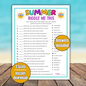 May include: A printable summer-themed riddle game with the title "Summer Riddle Me This" in colorful text. The game includes 15 riddles with multiple-choice answers, and the words "Answers Included" and "2 Sizes Instant Download" are also displayed.