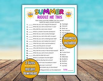 May include: A printable summer-themed riddle game with the title "Summer Riddle Me This" in colorful text. The game includes 15 riddles with multiple-choice answers, and the words "Answers Included" and "2 Sizes Instant Download" are also displayed.