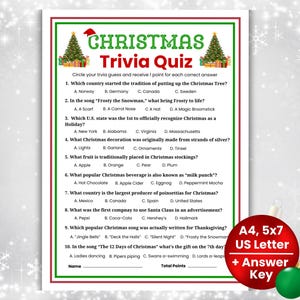May include: A printable Christmas trivia quiz with 10 questions. The quiz is designed for a single player and includes a space for the player's name and total points. The quiz is decorated with a red and green Christmas tree and a red Santa hat.