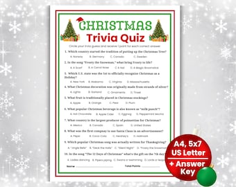 Printable Christmas Trivia Game, Holiday Trivia Party Game, Fun Christmas Games for Teens, Adults, Family Christmas Quiz, Office Party Game