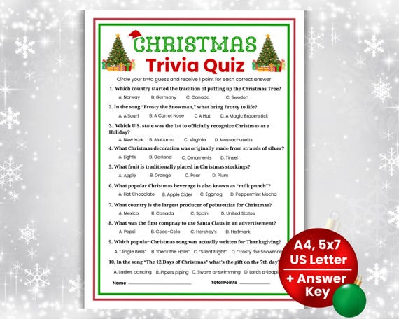 Printable Christmas Trivia Game, Holiday Trivia Party Game, Fun Christmas Games for Teens, Adults, Family Christmas Quiz, Office Party Game