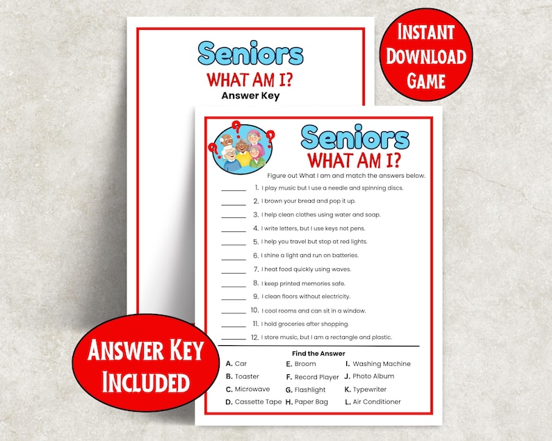 Senior Riddle Printabl Seniors What Am I Game, Senior Riddle Game, Guessing Game for Seniors ...