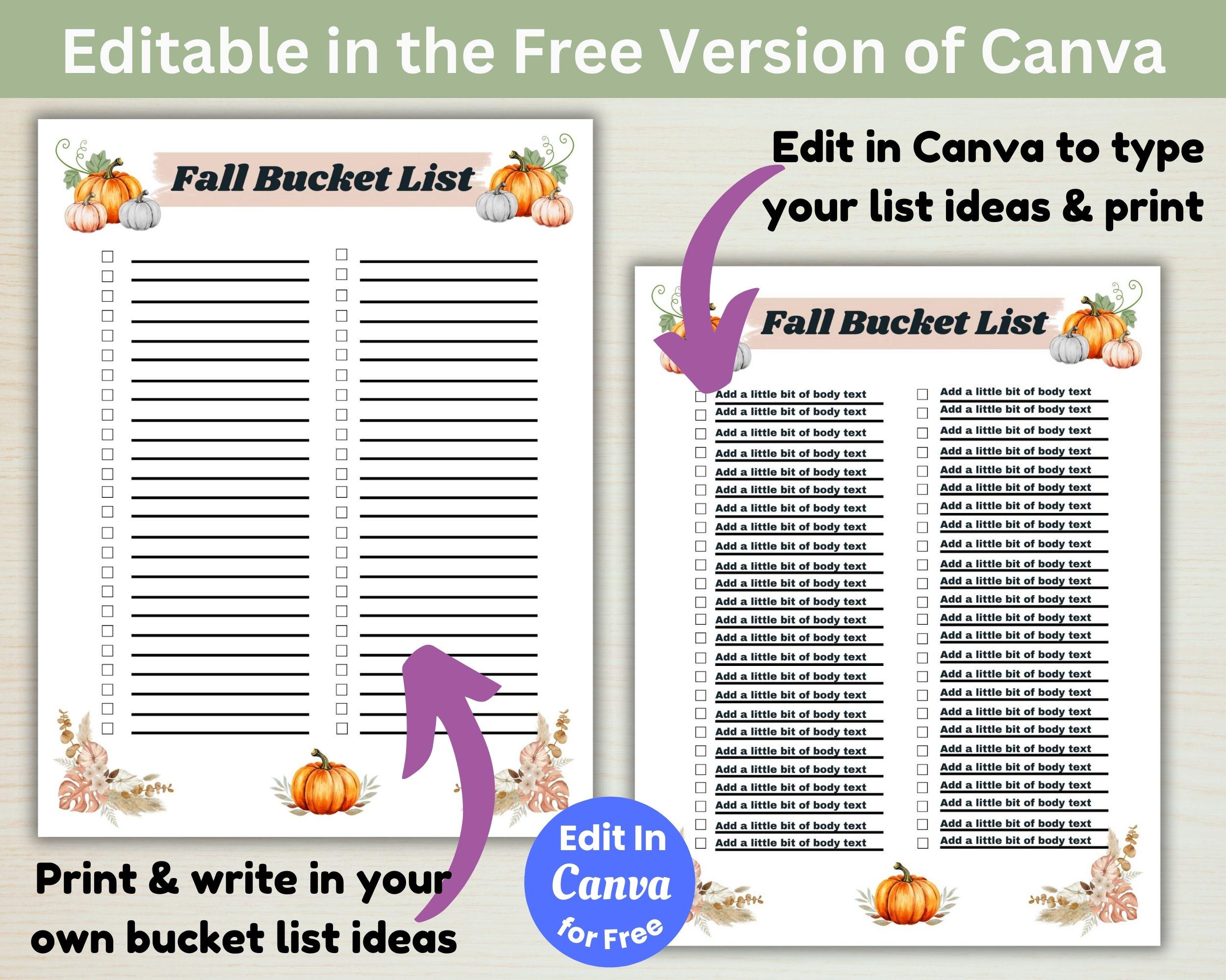 Editable Fall Bucket List Printable, Family Bucket List, Autumn Bucket ...