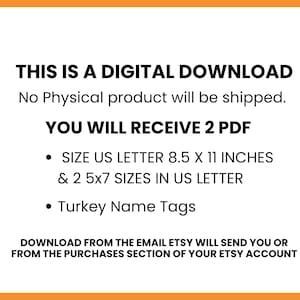 Op de afbeelding: Witte achtergrond met zwarte tekst met de tekst "THIS IS A DIGITAL DOWNLOAD" en productdetails. Bevat informatie over de grootte: US Letter 8,5 x 11 inch en 2 formaten 5x7. Vermeldt ook "Turkey Name Tags".