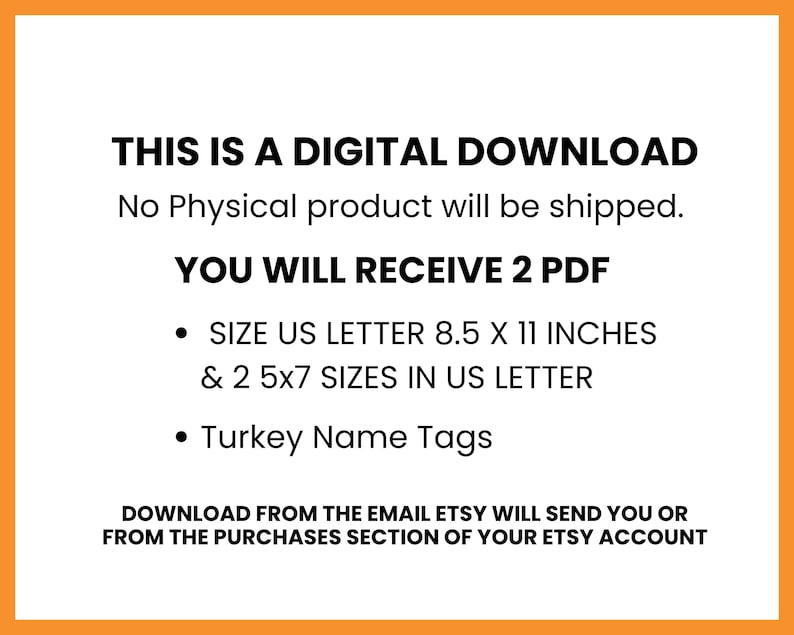 Op de afbeelding: Witte achtergrond met zwarte tekst met de tekst "THIS IS A DIGITAL DOWNLOAD" en productdetails. Bevat informatie over de grootte: US Letter 8,5 x 11 inch en 2 formaten 5x7. Vermeldt ook "Turkey Name Tags".