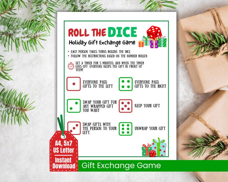 Christmas Dice Game, Gift Exchange Game, Pass the Present, Christmas Gift Swap, White Elephant game, Pass the Gift Family Holiday Party Game image 1