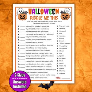 Op de afbeelding: Een Halloween raadselspelblad met de titel HALLOWEEN RIDDLE ME THIS, zeventien genummerde raadsels en twintig antwoorden met letters. De pagina bevat illustraties van twee geesten en twee pompoenen met vleermuizen.