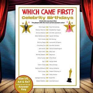 Which Came First Celebrity Trivia Game, Printable Trivia for Teens