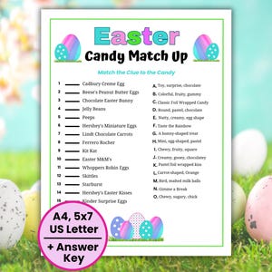 Easter Candy Match Game, Printable Candy Match Up, Easter Trivia Quiz, Easter Party Games, Easter Family Game, Easter Activities for Kids