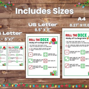 A table with the three sizes of the Pass the gift game which includes  5x7, US Letter, and A4.