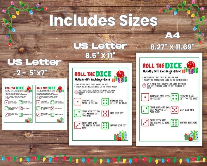 A table with the three sizes of the Pass the gift game which includes  5x7, US Letter, and A4.