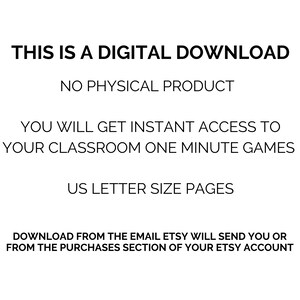 Op de afbeelding: Tekst op een witte achtergrond die luidt: "Dit is een digitale download. Geen fysiek product. Je krijgt direct toegang tot je klaslokaal van &eacute;&eacute;n minuut spellen. US Letter formaat pagina's. Download van de e-mail die Etsy je stuurt of vanuit het aankoopgedeelte van je Etsy-account."