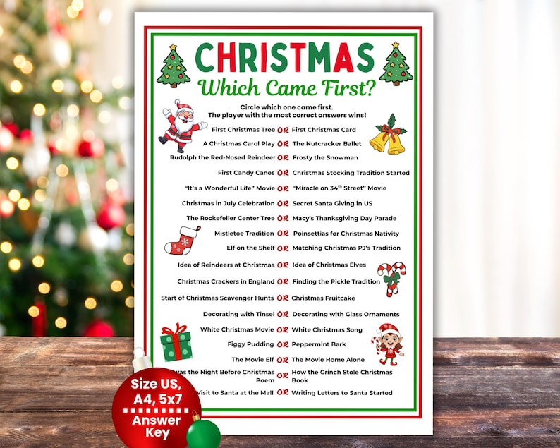 Weihnachtsquiz: Was war zuerst da? – zum Ausdrucken! Weihnachtsquiz für Jugendliche, Erwachsene, Senioren, Familienweihnachten, Bürospiele Bild 1