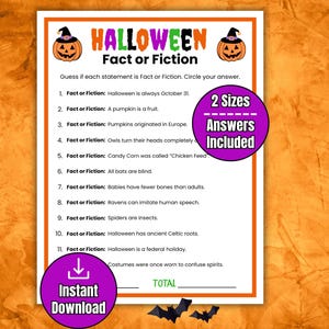 Op de afbeelding: Een Halloween Fact or Fiction spelblad met oranje pompoenillustraties met zwarte hoeden bovenaan. De tekst bevat elf genummerde stellingen om te beoordelen, met paarse ronde badges met de tekst 2 Sizes Answers Included en Instant Download.