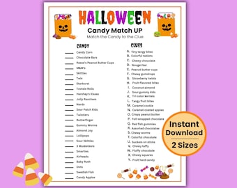 Halloween Candy Match Trivia Spiel, Halloween Trivia Quiz, druckbares Halloween Spiel für Kinder, Jugendliche, Erwachsene, Candy Trivia, lustiges Klassenzimmer Spiel