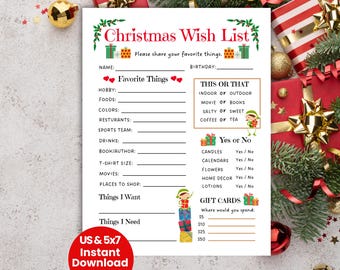 Christmas Wish List, Favorite Things Coworker Gift Exchange Questions, Secret Santa Questionnaire, Holiday Wish List Printable, All About Me