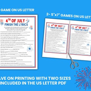 May include: A printable 4th of July game sheet with the text "4th of July Finish the Lyrics." The sheet has a red, white, and blue border and includes a list of song lyrics with blanks to fill in. The image also shows a smaller version of the game.