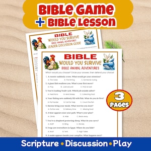 May include: A printable Bible game and lesson set titled Bible Would You Survive Bible Animal Adventures. The document features eight multiple-choice questions about biblical scenarios, illustrated with a rooster, sheep, dove, and whale. Includes 3 pages.